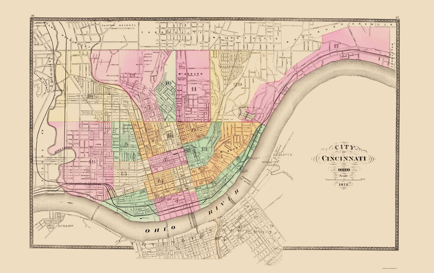 Historic City Map - Cincinnati Ohio - Stedman 1872 - 23 x 36.66 - Vintage Wall Art