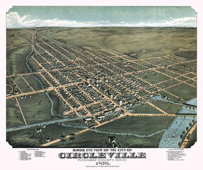 Historic Panoramic View - Circleville Ohio - Stoner 1876 - 27.49 x 23 - Vintage Wall Art