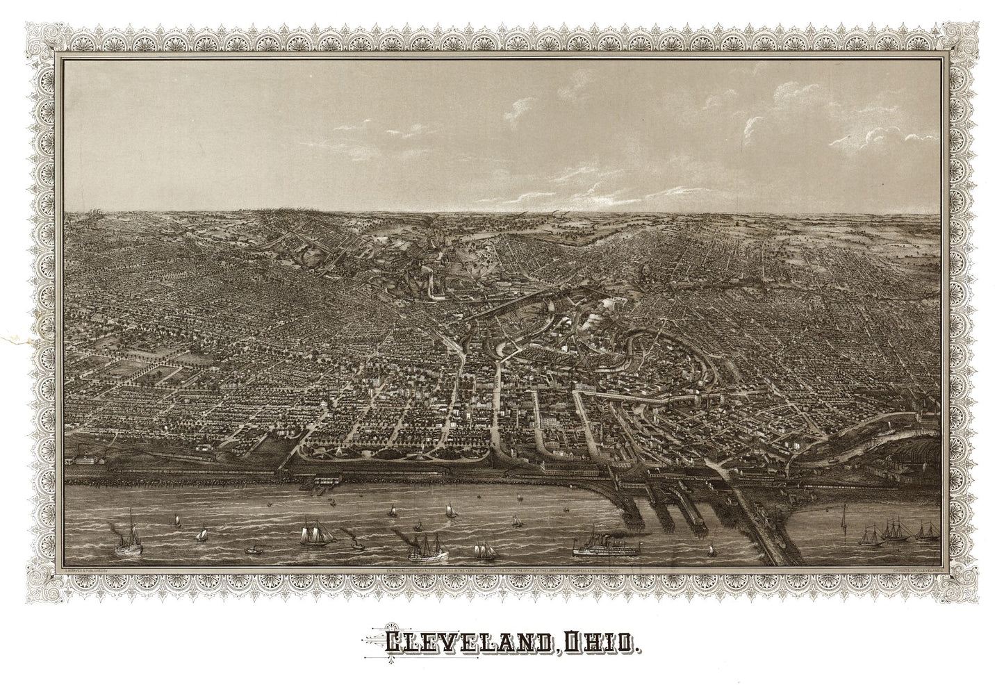 Historic Panoramic View - Cleveland Ohio - Vogt 1887 - 33.70 x 23 - Vintage Wall Art