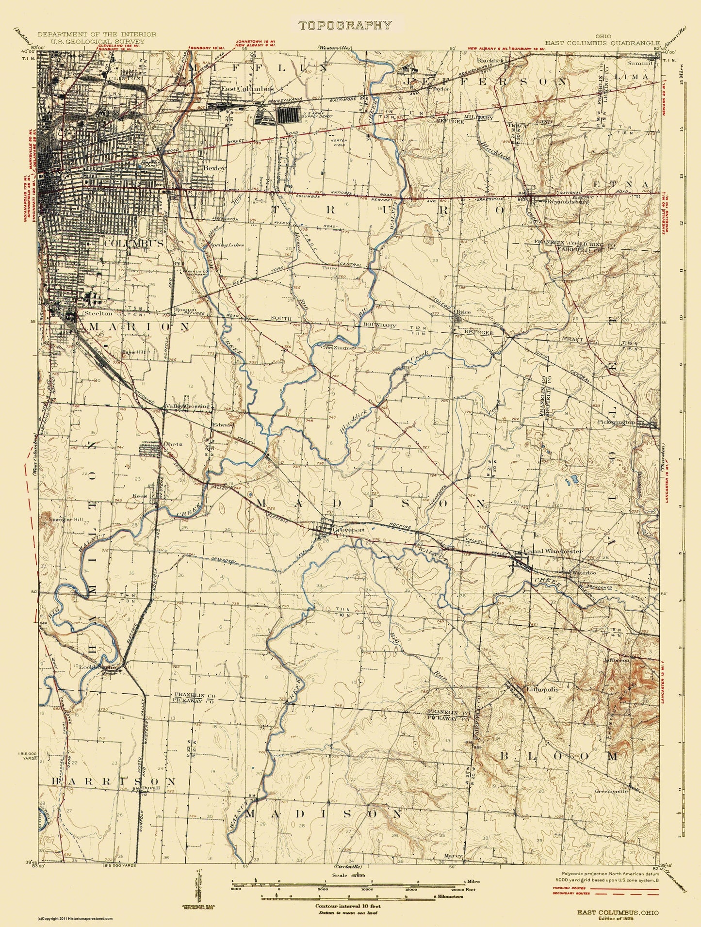 Topographical Map - Coloumbus East Ohio Quad - USGS 1925 - 23 x 30.44 - Vintage Wall Art