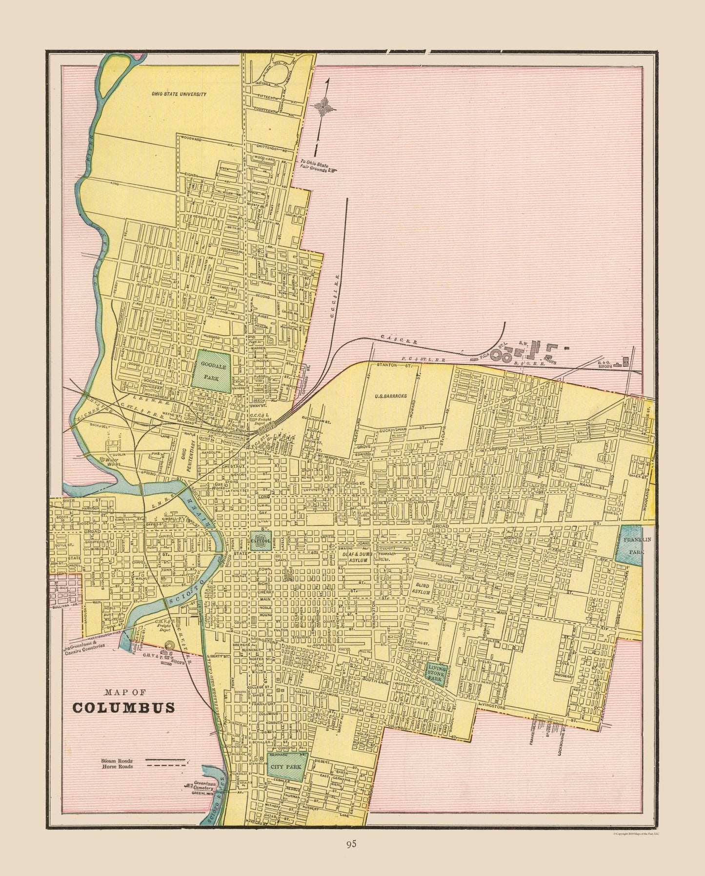 Historic City Map - Columbus Ohio - Cram 1892 - 23 x 28.61 - Vintage Wall Art