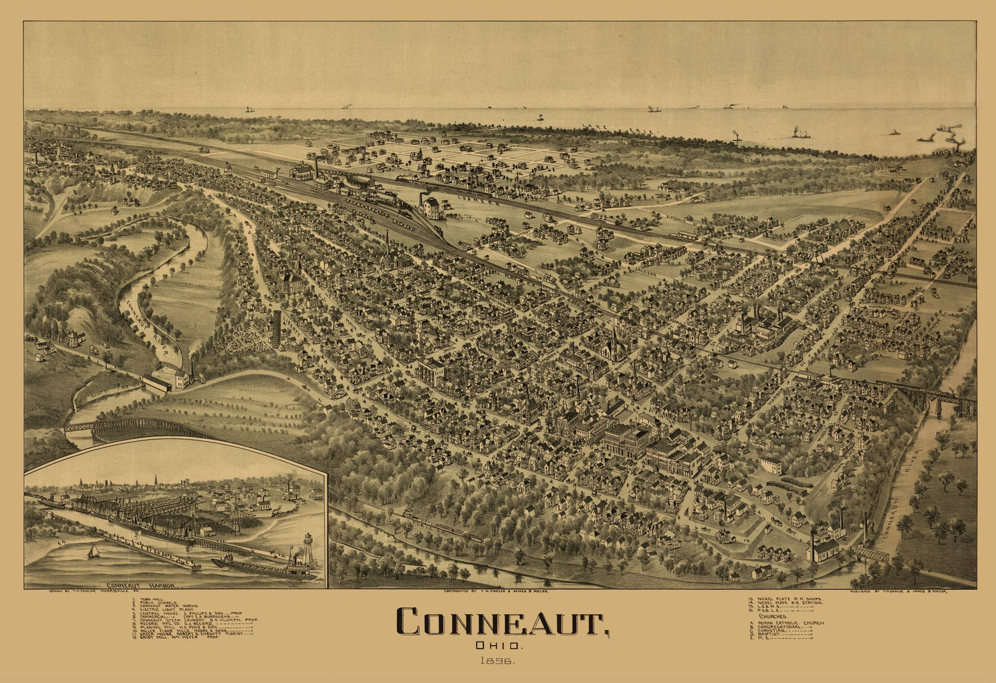 Historic Panoramic View - Conneaut Ohio - Fowler 1896 - 33.56 x 23 - Vintage Wall Art