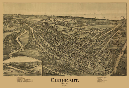 Historic Panoramic View - Conneaut Ohio - Fowler 1896 - 33.56 x 23 - Vintage Wall Art
