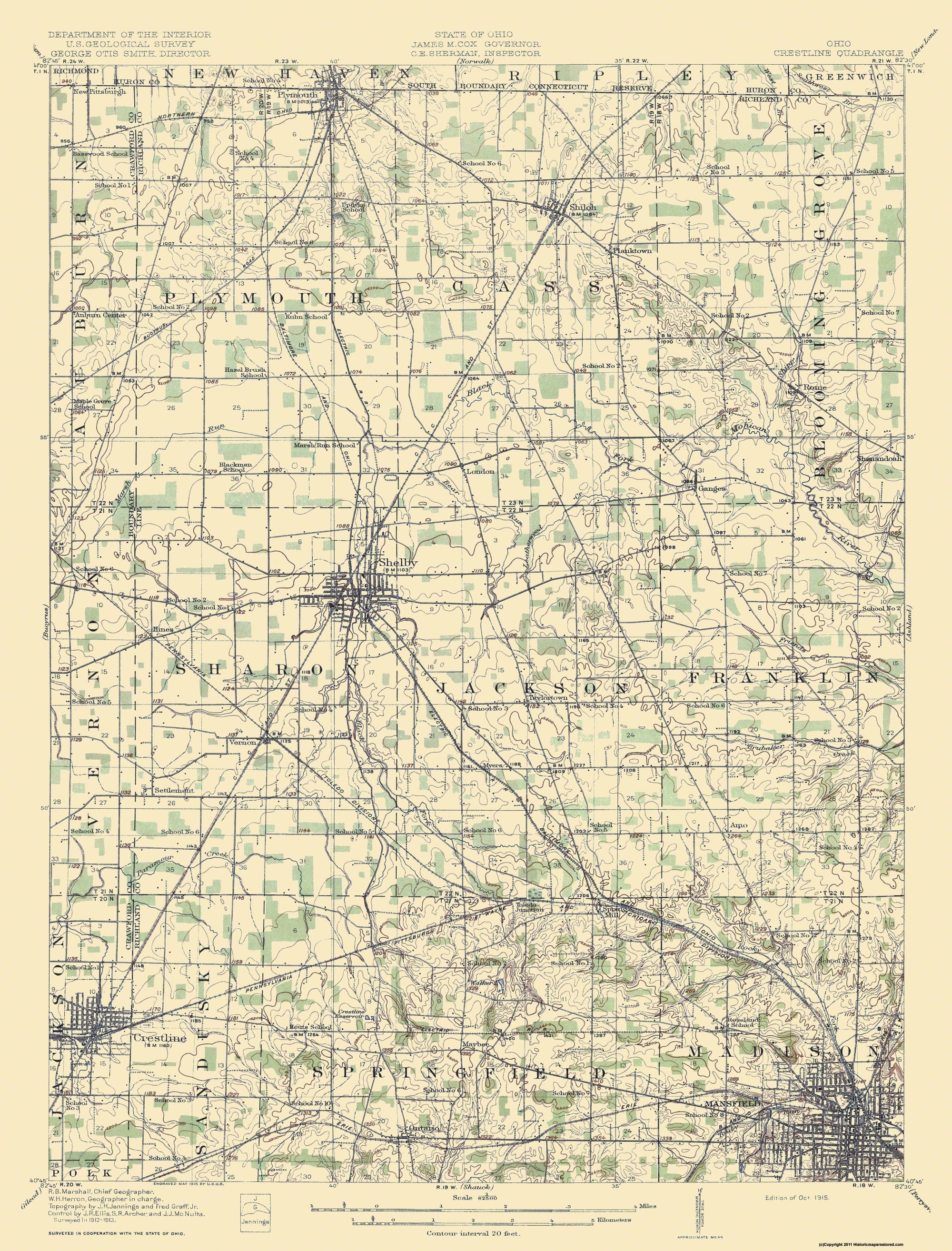 Topographical Map - Crestline Ohio Quad - USGS 1915 - 23 x 30.23 - Vin ...