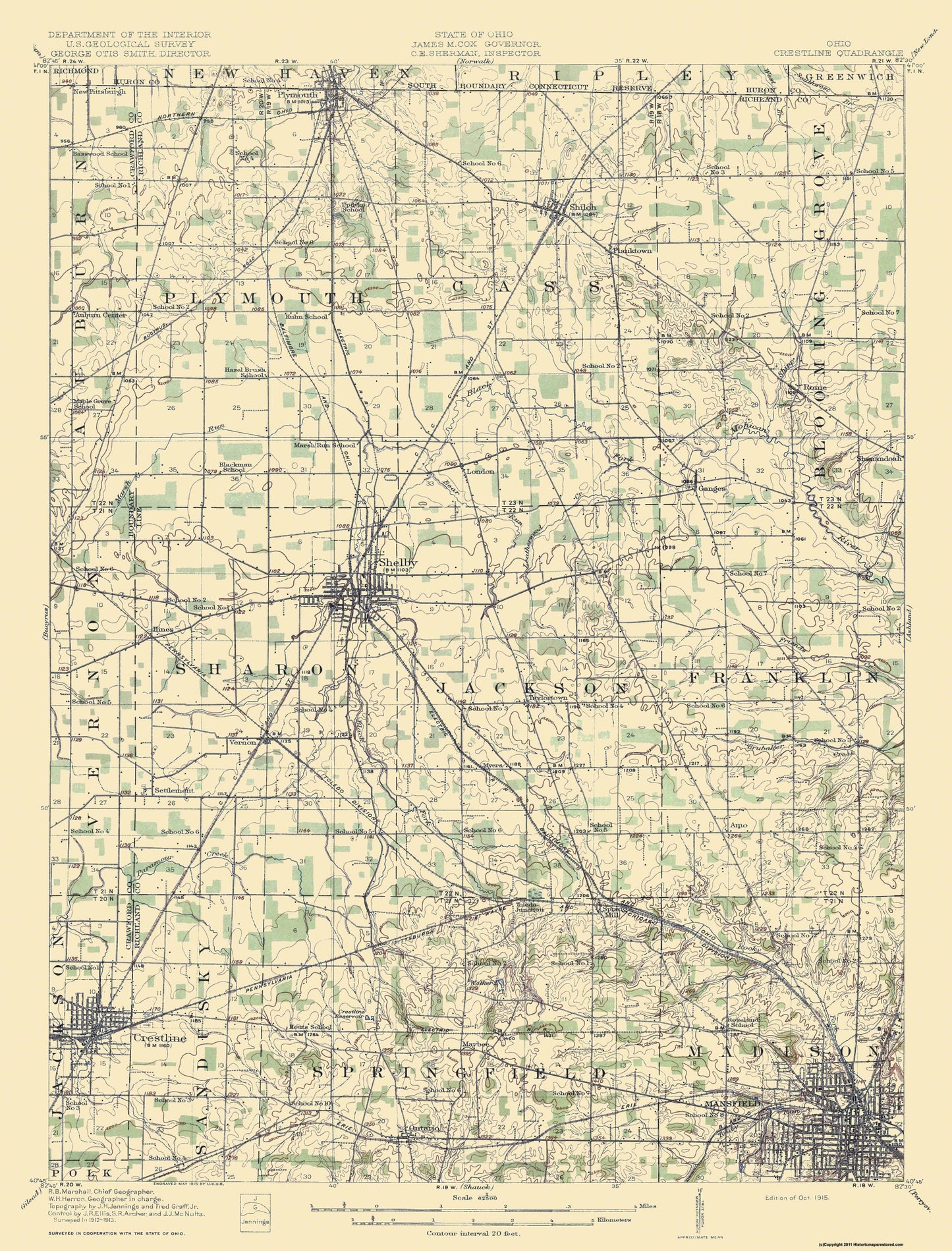 Topographical Map - Crestline Ohio Quad - USGS 1915 - 23 x 30.23 - Vintage Wall Art