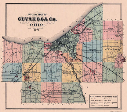 Historic County Map - Cuyahoga County Ohio Outline - 1876 - 26.25 x 23 - Vintage Wall Art