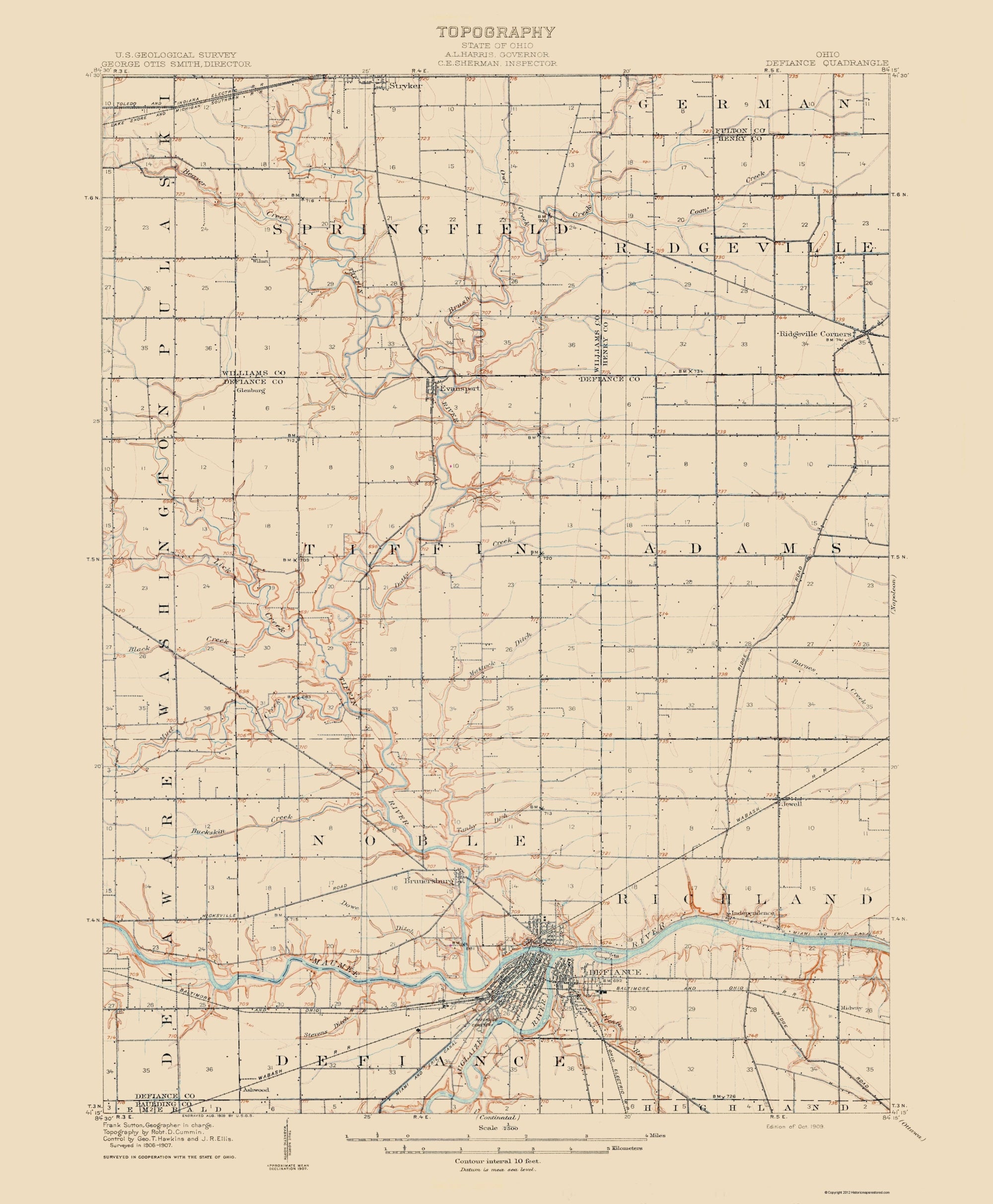 Defienace Map Topographical Map - Defiance Ohio Quad - USGS 1909 - Vintage Wall Art ...
