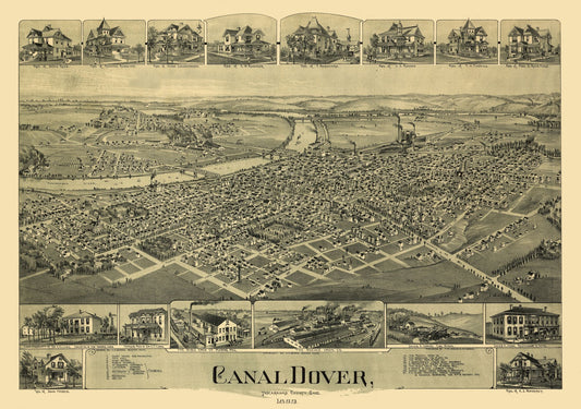 Historic Panoramic View - Dover Ohio - Downs 1899 - 32.68 x 23 - Vintage Wall Art