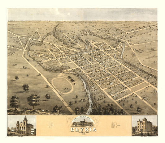 Historic Panoramic View - Elyria Ohio - Huger 1868 - 26.45 x 23 - Vintage Wall Art