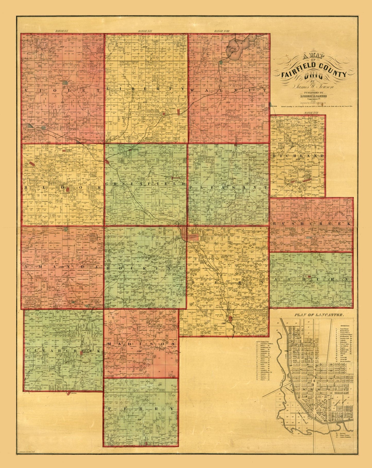 Historic County Map - Fairfield County Ohio - Touson 1848 - 23 x 28.95 - Vintage Wall Art