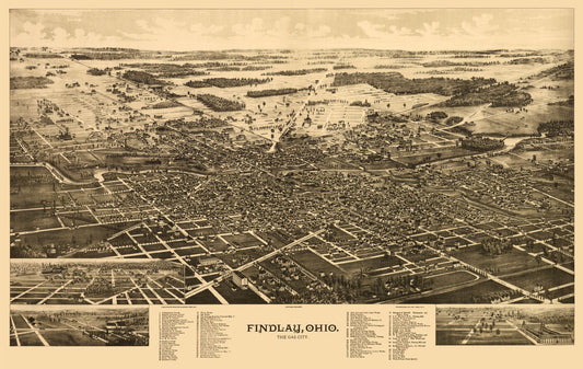 Historic Panoramic View - Findlay Ohio - Norris 1889 - 36.32 x 23 - Vintage Wall Art