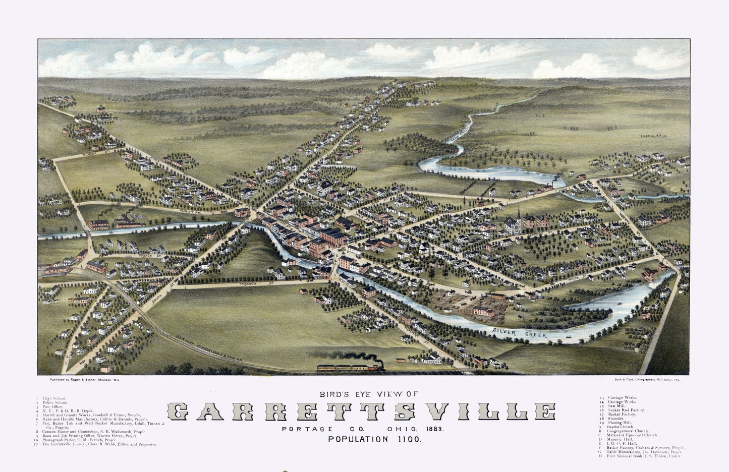 Historic Panoramic View - Garrettsville Ohio - Stoner 1883 - 35.49 x 23 - Vintage Wall Art