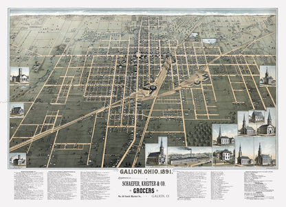 Historic Panoramic View - Galion Ohio - Smith 1891 - 31.63 x 23 - Vintage Wall Art