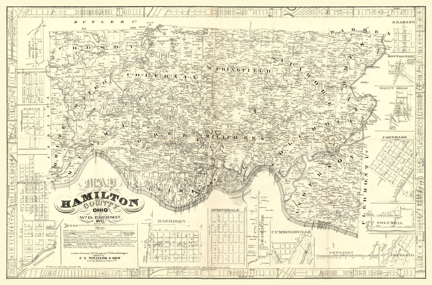 Historic County Map - Hamilton County Ohio - Emerson 1847 - 34.84 x 23 - Vintage Wall Art