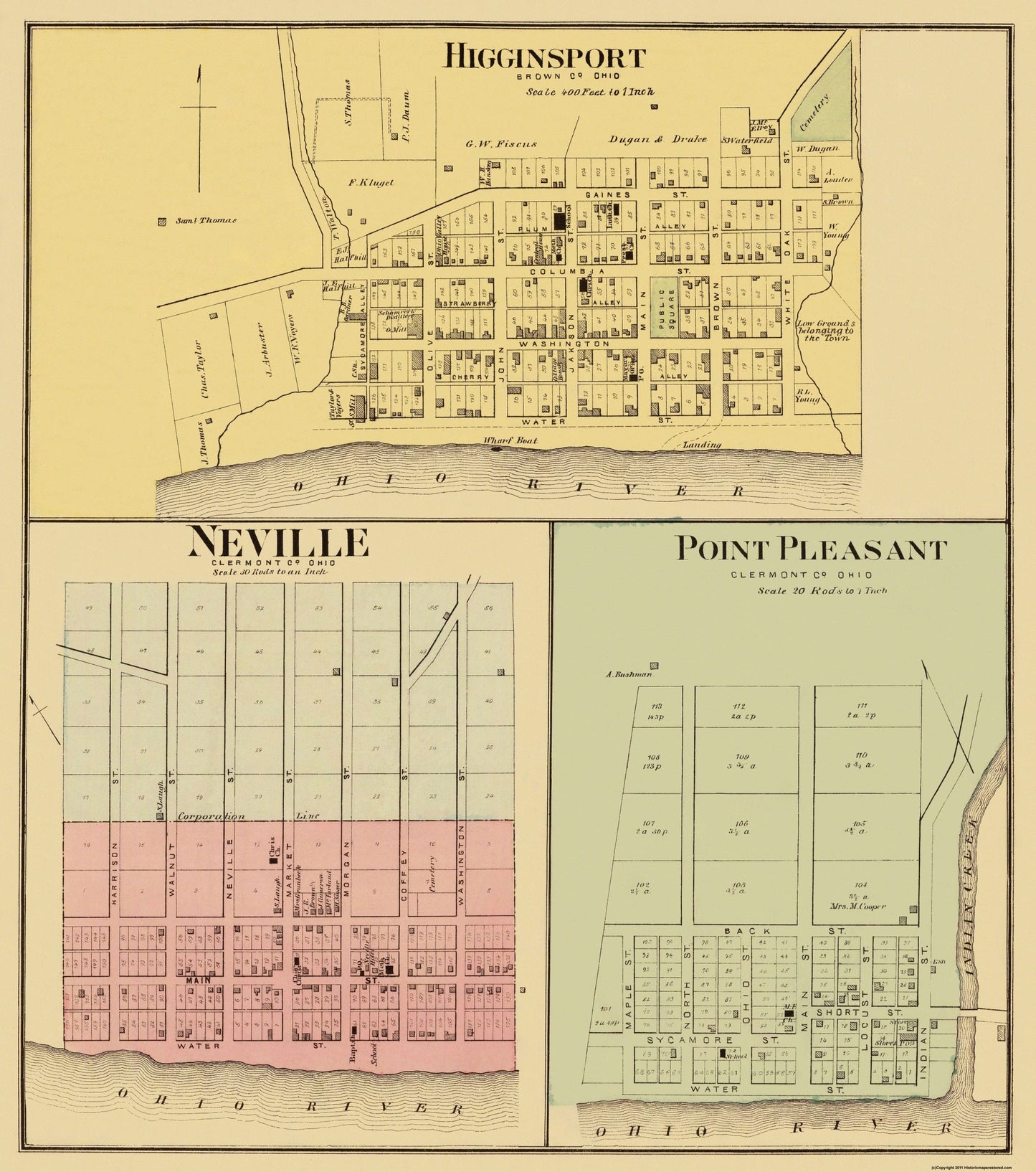 Historic City Map - Higginsport Neville Point Pleasant Ohio - Hayes 1877 - 23x26 - Vintage Wall Art