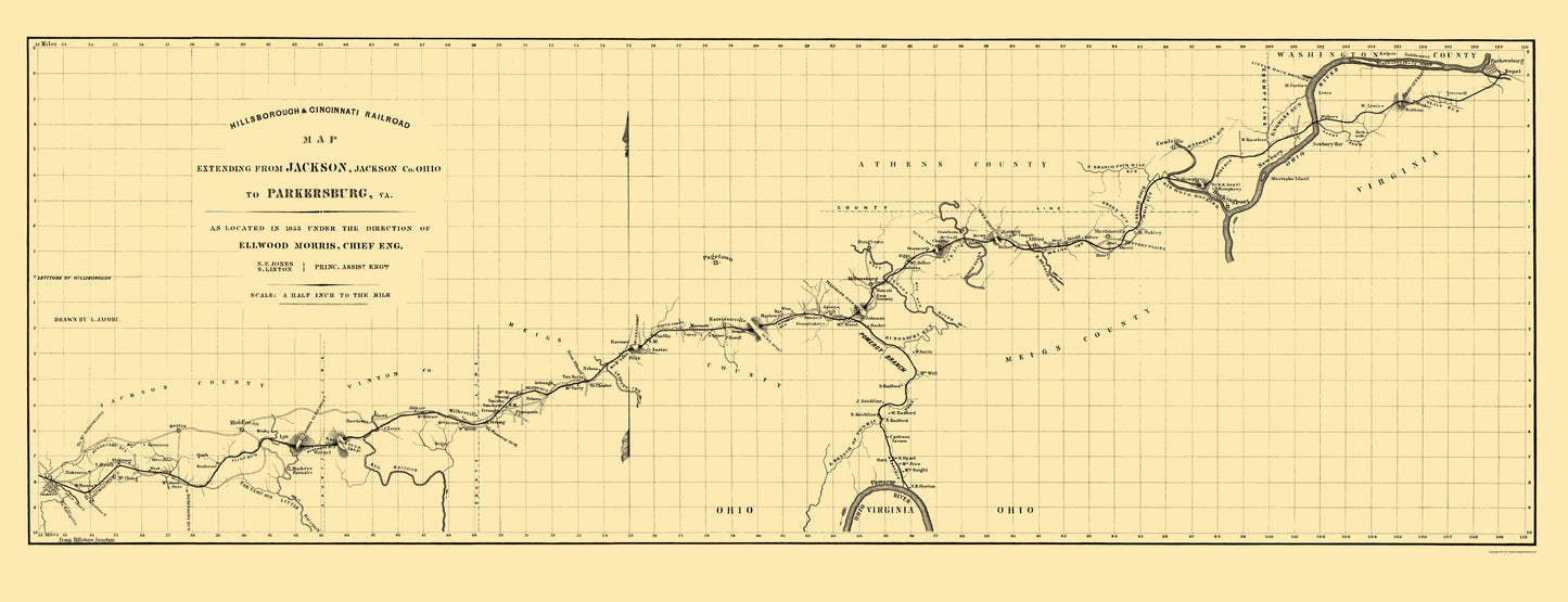 Railroad Map - Hillsborough and Cincinnati Railroad - Jacobil 1853 - 23 x 59 - Vintage Wall Art