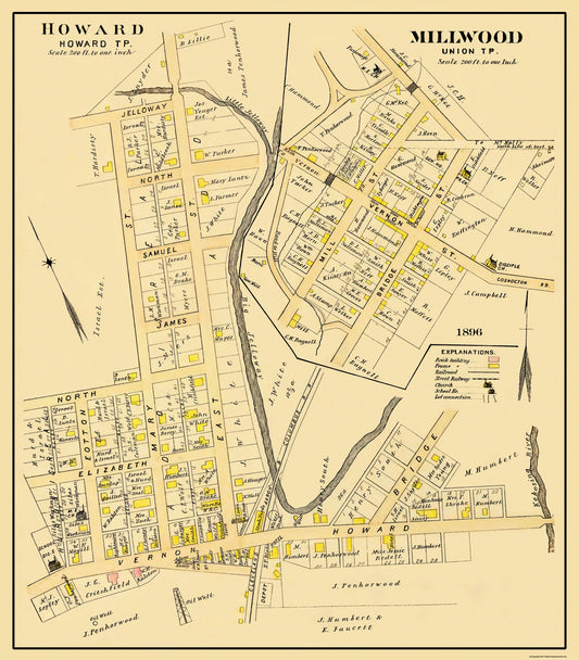 Historic City Map - Howard Millwood Ohio - Caldwell 1896 - 23 x 26.25 - Vintage Wall Art