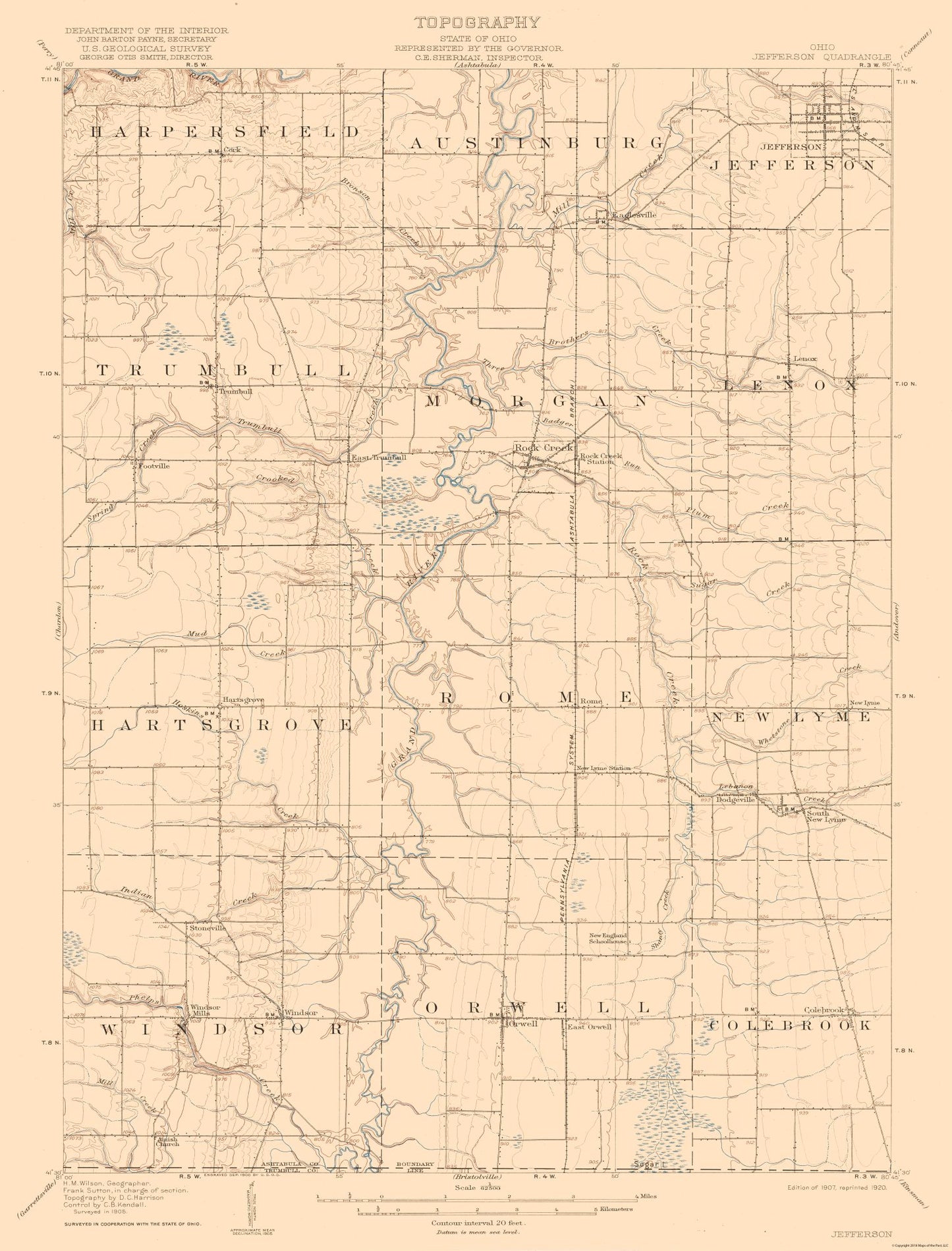 Topographical Map - Jefferson Ohio Quad - USGS 1907 - 23 x 30.21 - Vintage Wall Art