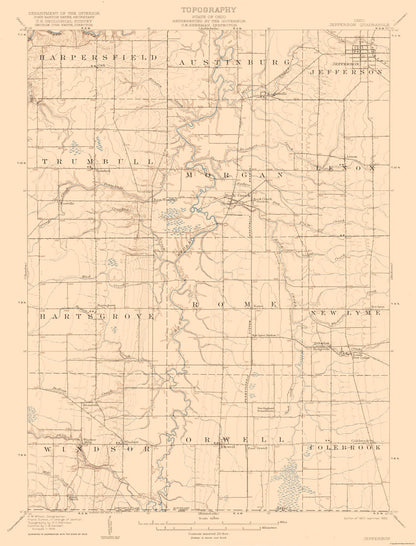 Topographical Map - Jefferson Ohio Quad - USGS 1907 - 23 x 30.21 - Vintage Wall Art