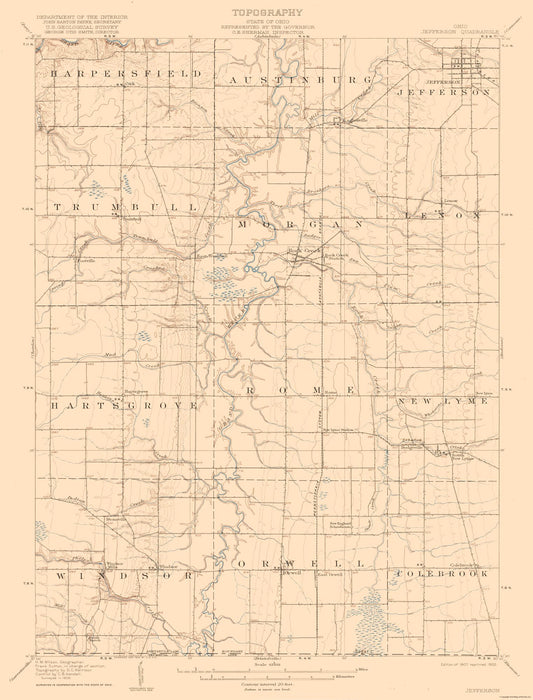 Topographical Map - Jefferson Ohio Quad - USGS 1907 - 23 x 30.21 - Vintage Wall Art