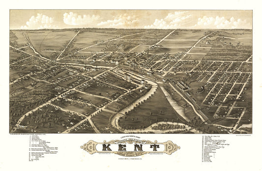 Historic Panoramic View - Kent Ohio - Stoner 1882 - 35.25 x 23 - Vintage Wall Art