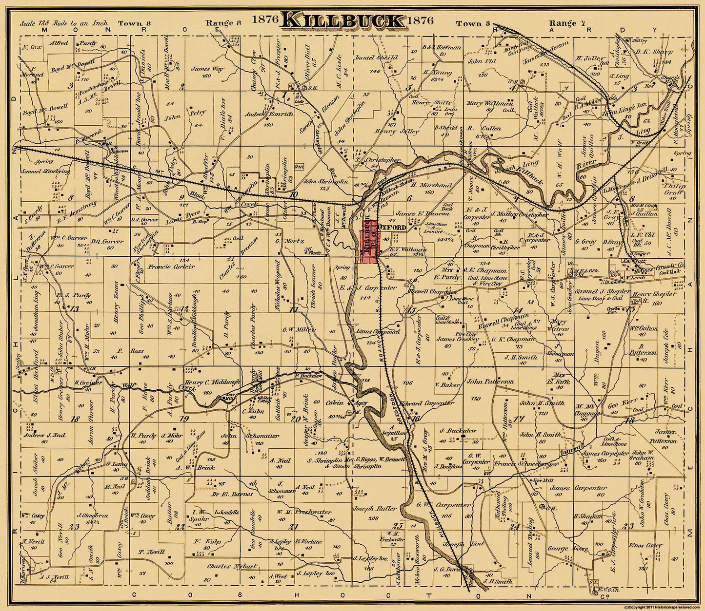 Historic City Map - Killbuck Ohio - Cring 1876 - 26.5 x 23 - Vintage Wall Art