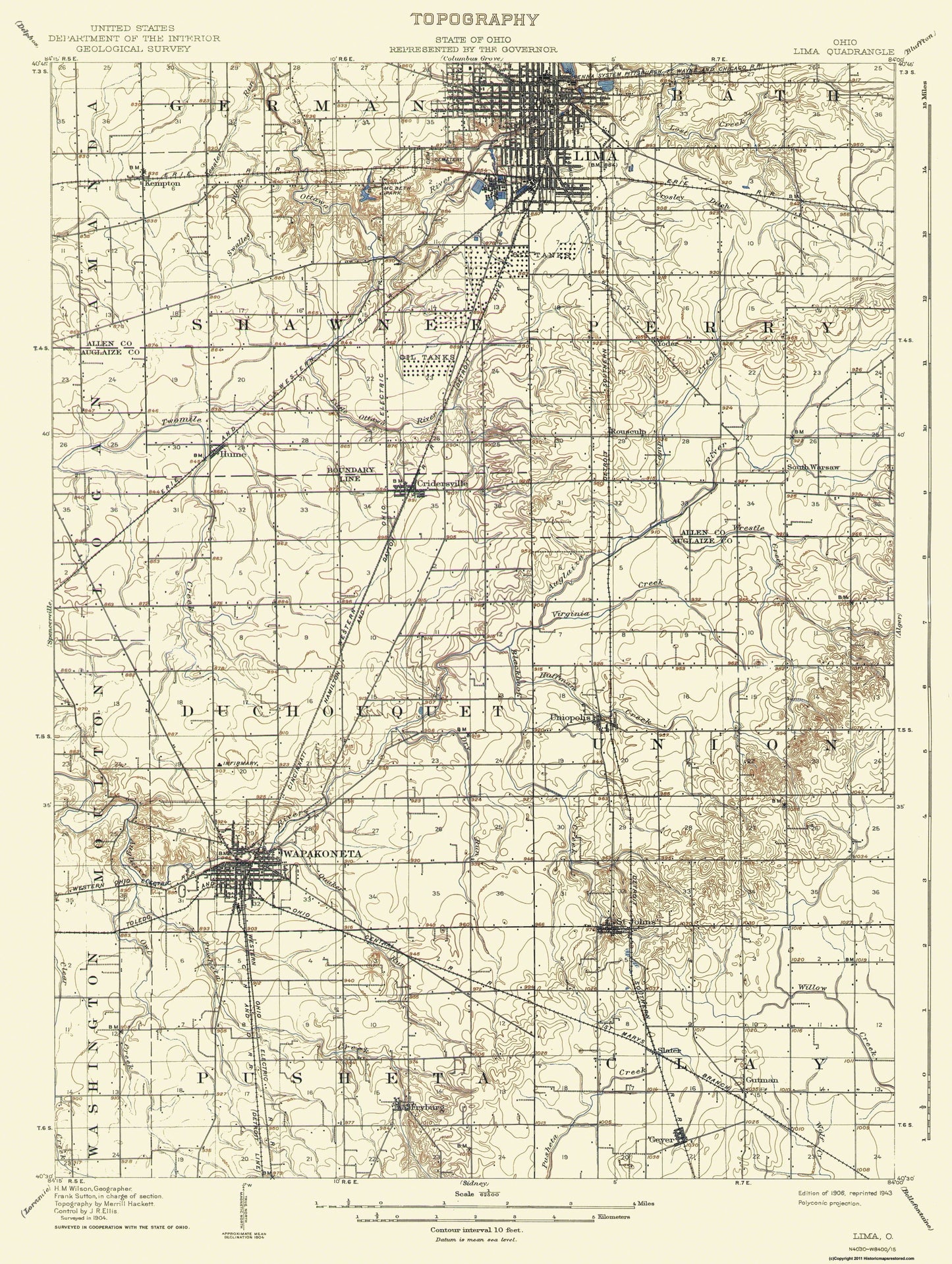 Topographical Map - Lima Ohio Quad - USGS 1906 - 23 x 30.5 - Vintage Wall Art