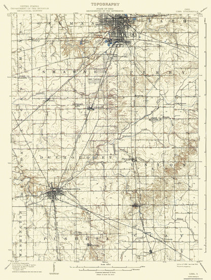 Topographical Map - Lima Ohio Quad - USGS 1906 - 23 x 30.5 - Vintage Wall Art