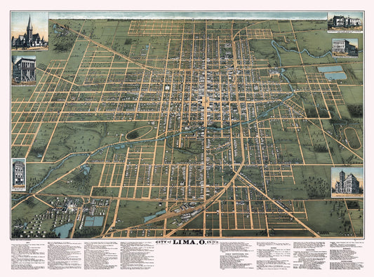 Historic Panoramic View - Lima Ohio - Buckingham 1892 - 31.06 x 23 - Vintage Wall Art