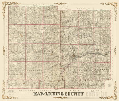 Historic County Map - Licking County Ohio - Roell 1854 - 27.11 x 23 - Vintage Wall Art