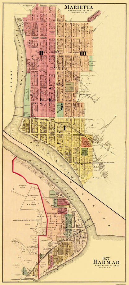 Historic City Map - Marietta Harmar Ohio - Hayes 1877 - 23 x 50.81 - Vintage Wall Art