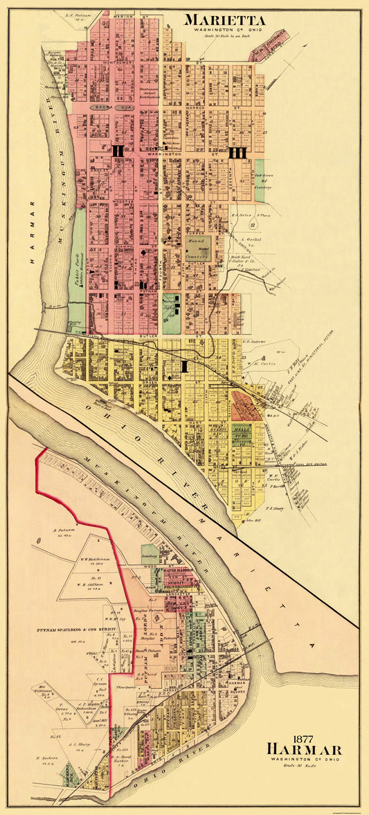 Historic City Map - Marietta Harmar Ohio - Hayes 1877 - 23 x 50.81 - Vintage Wall Art