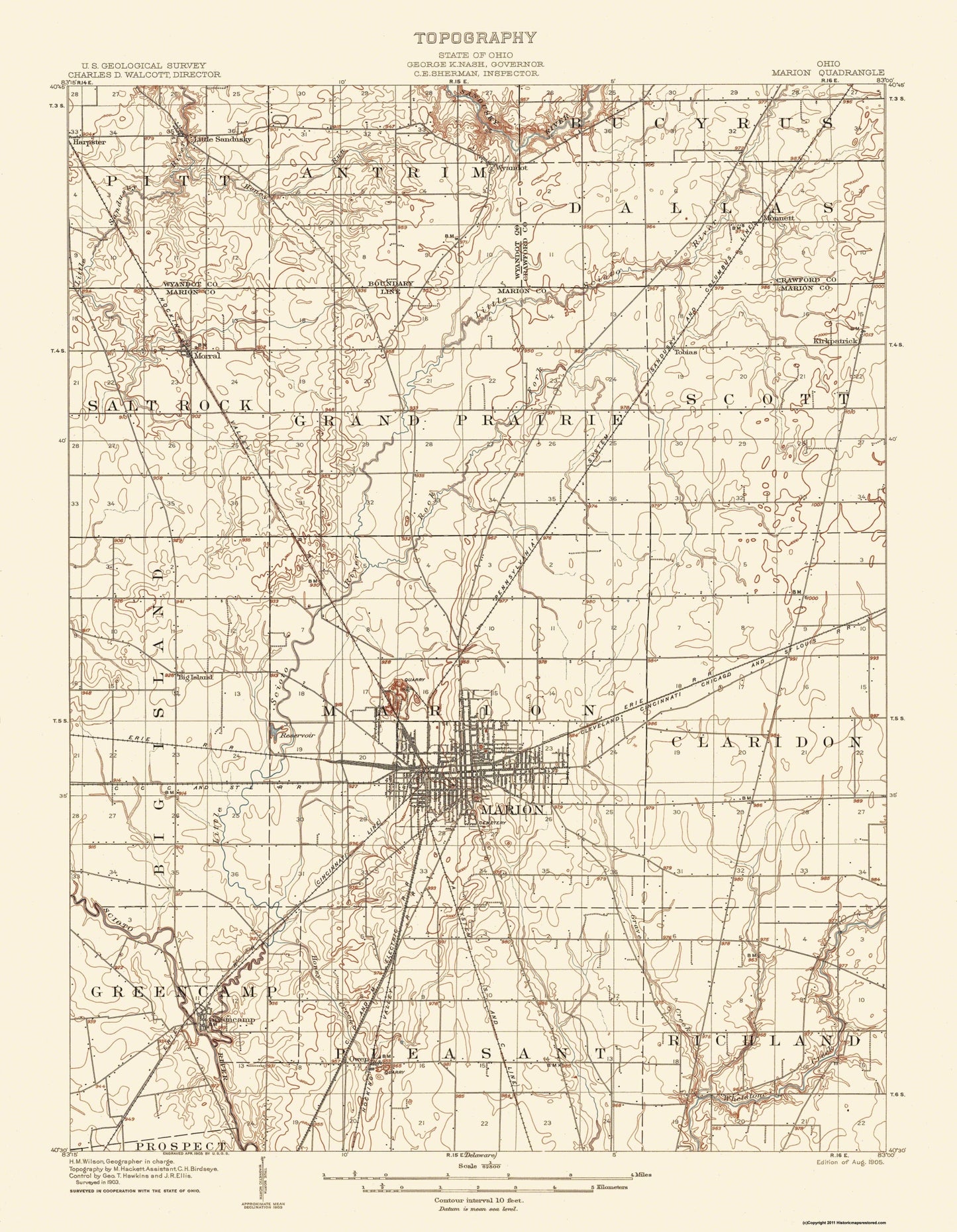 Topographical Map - Marion Ohio Quad - USGS 1905 - 23 x 29.64 - Vintage Wall Art