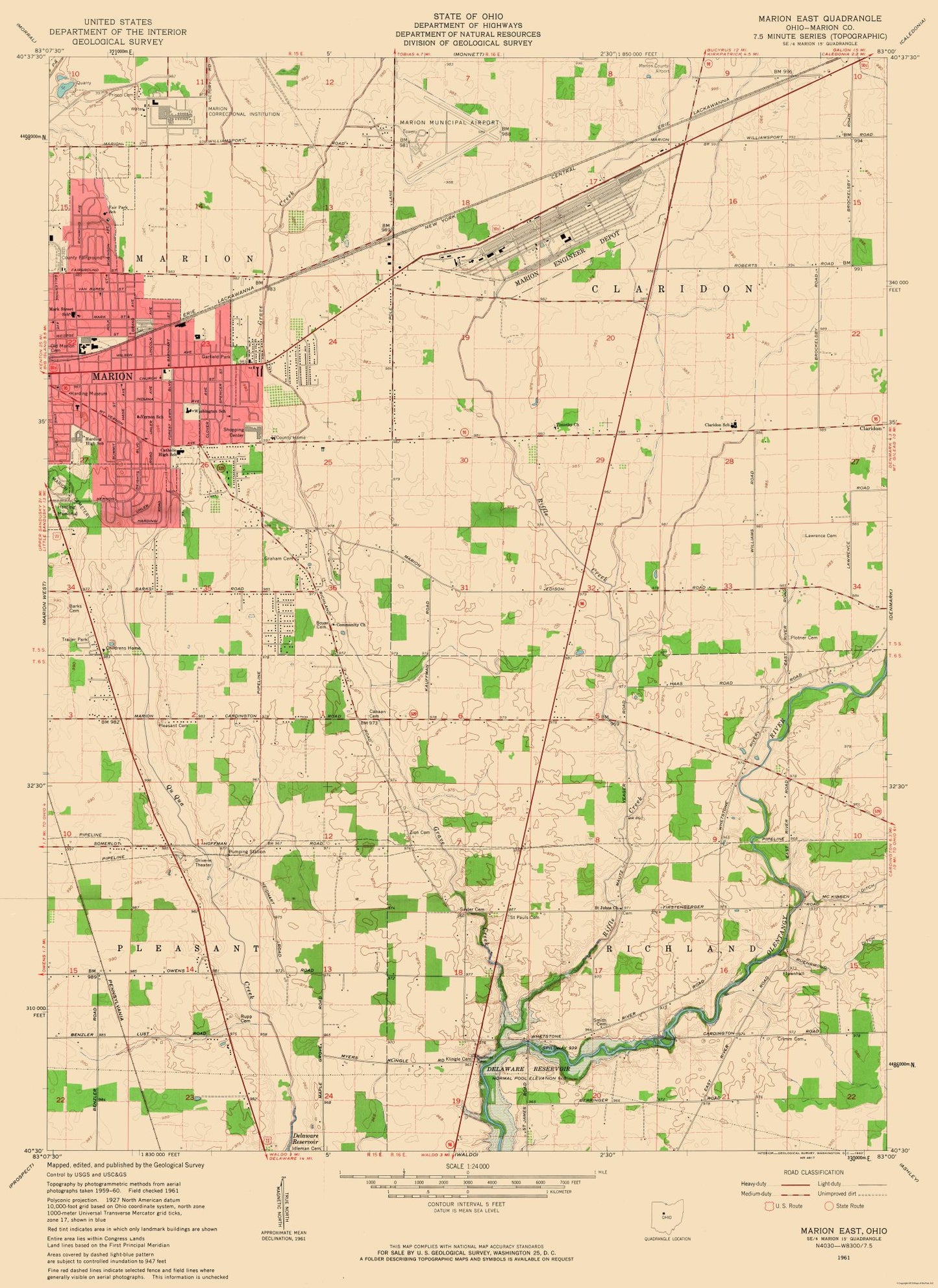 Topographical Map - East Marion Ohio Quad - USGS 1961 - 23 x 31.58 - Vintage Wall Art