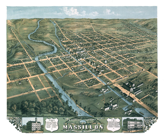 Historic Panoramic View - Massillon Ohio - Stoner 1870 - 27.18 x 23 - Vintage Wall Art