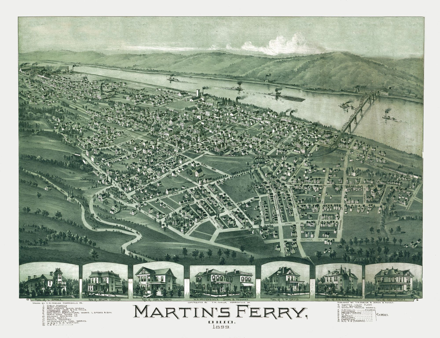 Historic Panoramic View - Martins Ferry Ohio - Fowler 1899 - 29.92 x 23 - Vintage Wall Art