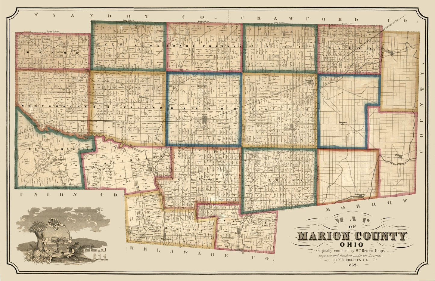 Historic County Map - Marion County Ohio - Brown 1852 - 35.58 x 23 - Vintage Wall Art