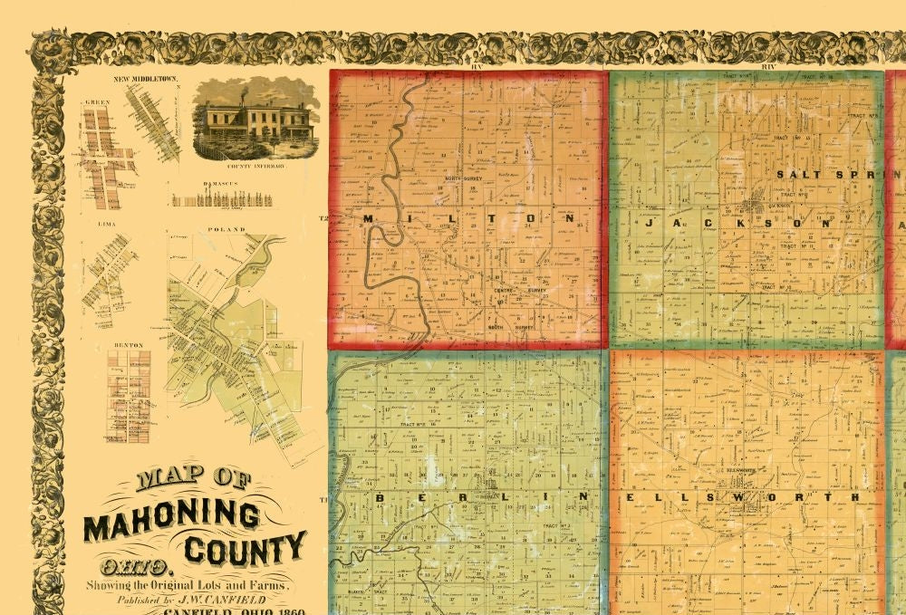 Historic County Map - Mahoning County Ohio - Canfield 1860 - 33.86 x 23 - Vintage Wall Art