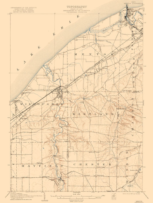 Topographical Map - Mentor Ohio Quad - USGS 1907 - 23 x 30.39 - Vintage Wall Art