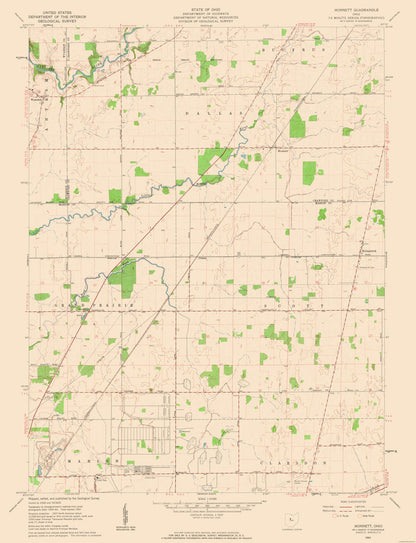 Topographical Map - Monnett Ohio Quad - USGS 1961 - 23 x 30.05 - Vintage Wall Art