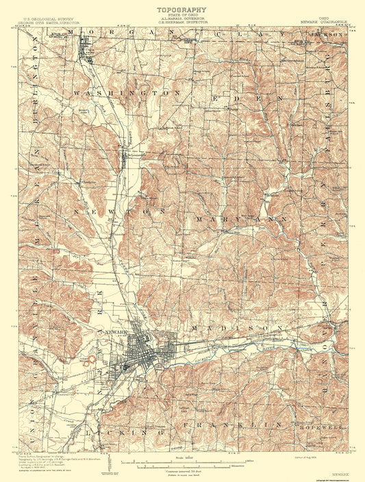 Topographical Map - Newark Ohio Quad - USGS 1909 - 23 x 30.39 - Vintage Wall Art