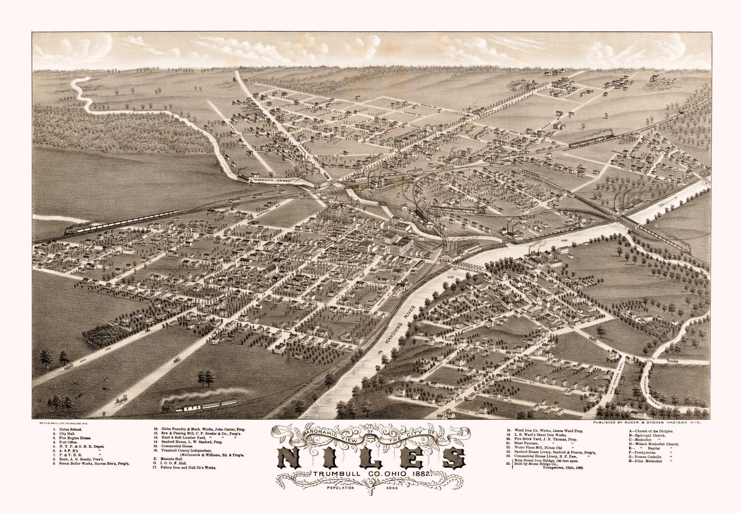 Historic Panoramic View - Niles Ohio - Stoner 1882 - 33.24 x 23 - Vintage Wall Art