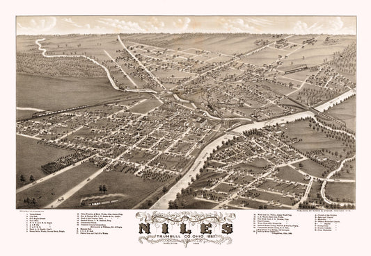 Historic Panoramic View - Niles Ohio - Stoner 1882 - 33.24 x 23 - Vintage Wall Art