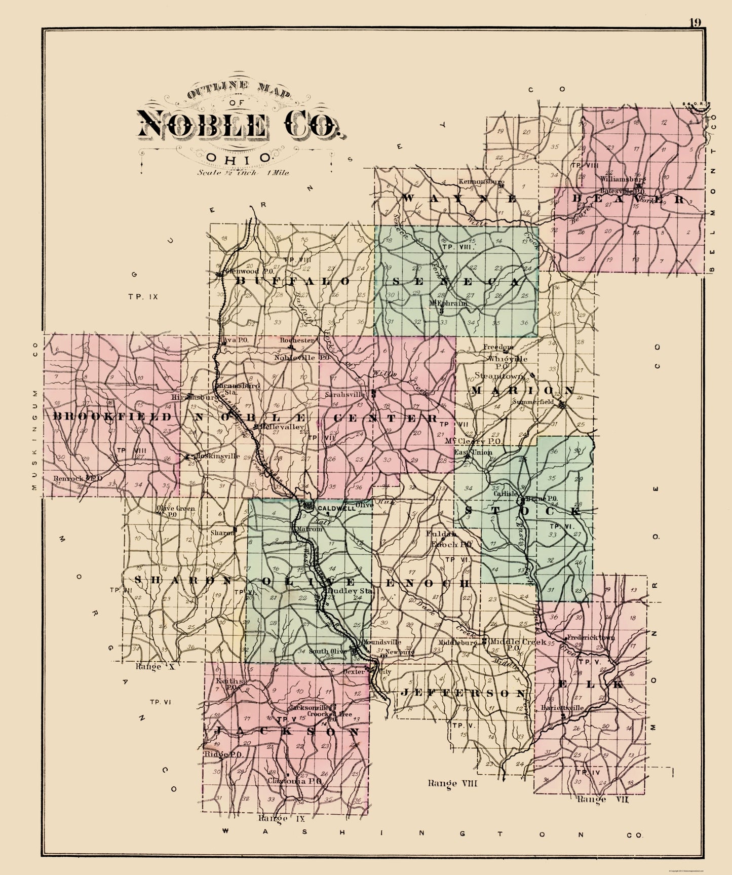 Historic County Map - Noble County Ohio - Wall 1876 - 23 x 27.49 - Vintage Wall Art