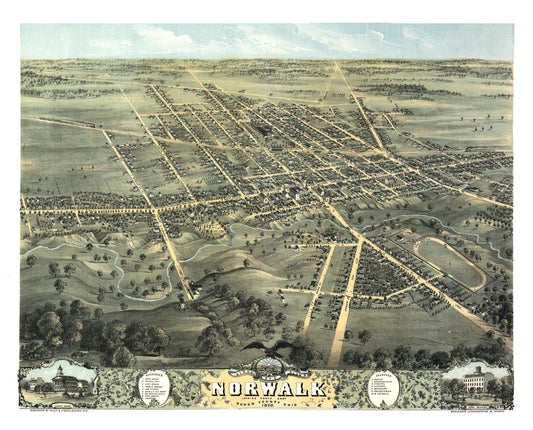 Historic Panoramic View - Norwalk Ohio - Stoner 1870 - 28.53 x 23 - Vintage Wall Art