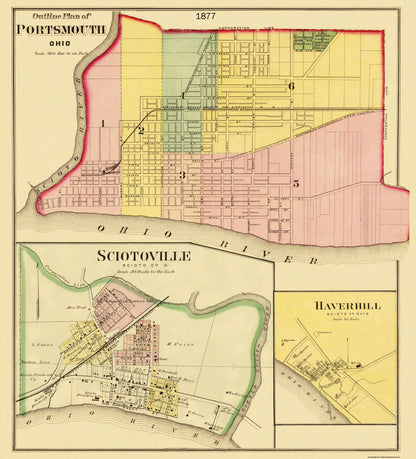 Historic City Map - Portsmouth Sciotoville Ohio - Hayes 1877 - 23 x 25.38 - Vintage Wall Art