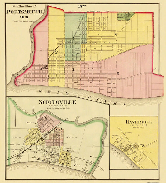 Historic City Map - Portsmouth Sciotoville Ohio - Hayes 1877 - 23 x 25.38 - Vintage Wall Art