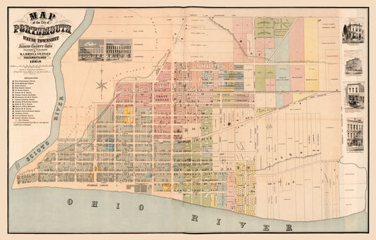 Historic City Map - Portsmouth Ohio -Evans 1868 - 35.98 x 23 - Vintage Wall Art