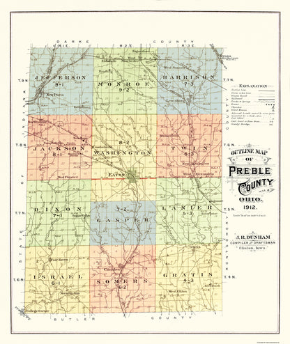 Historic County Map - Preble County Ohio - Dunham 1912 - 23 x 27.31 - Vintage Wall Art