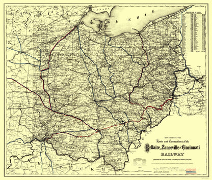 Railroad Map - Bellaire Zanesville and Cincinatti Railway 1883 - 23 x 26 - Vintage Wall Art